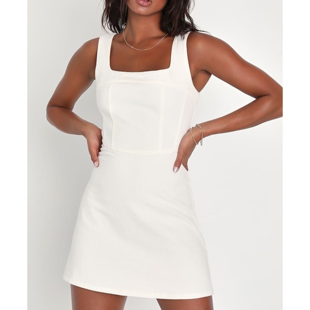 NWT Lulus So Delighted Ivory Denim‎ Corset Seam Mini Dress Small